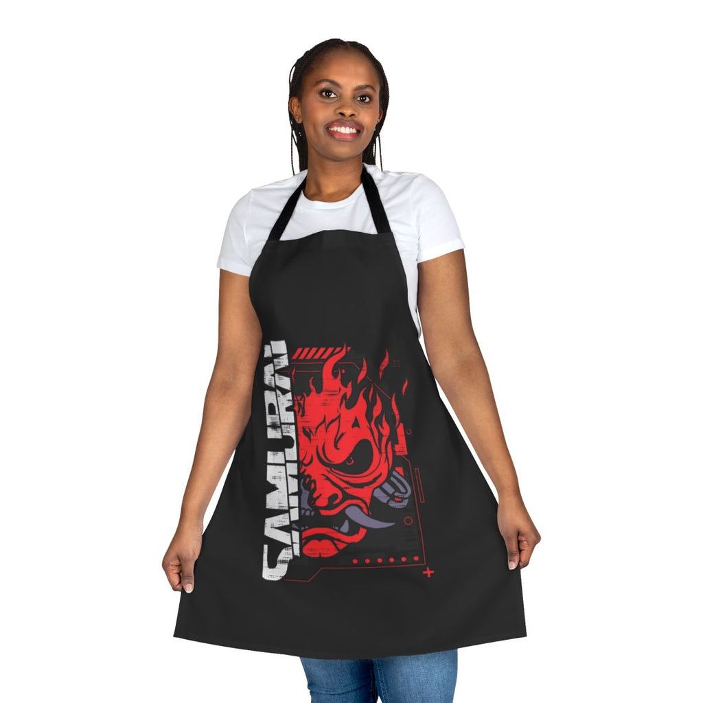 A stylish and durable apron featuring a cyberpunk samurai design, perfect for fans of anime, manga, and the cyberpunk genre.