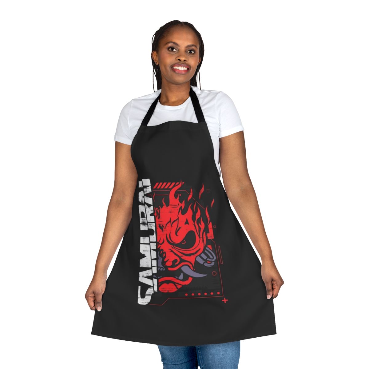 A stylish and durable apron featuring a cyberpunk samurai design, perfect for fans of anime, manga, and the cyberpunk genre.