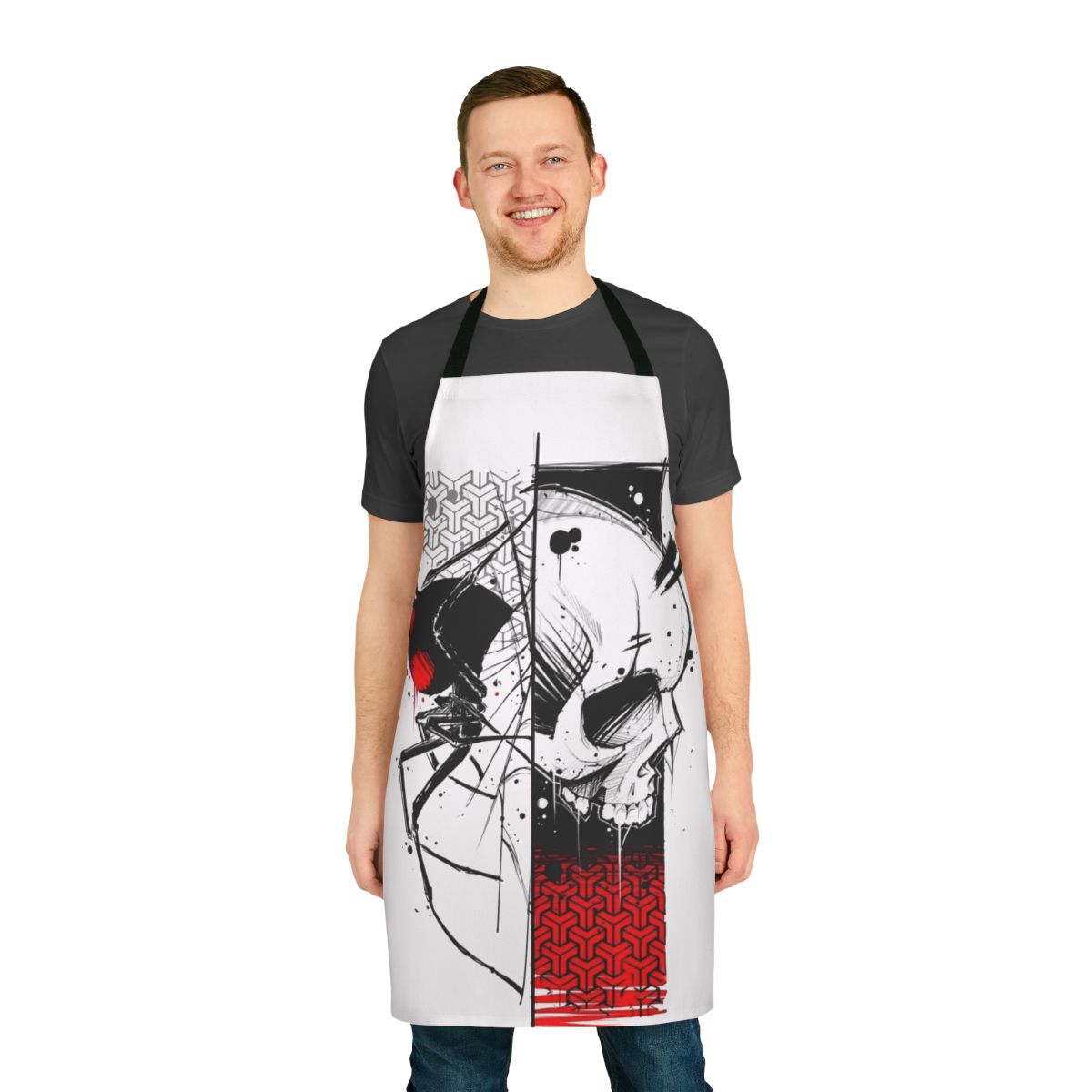Cyberpunk-inspired apron featuring a skull and spider design in an urban, goth style