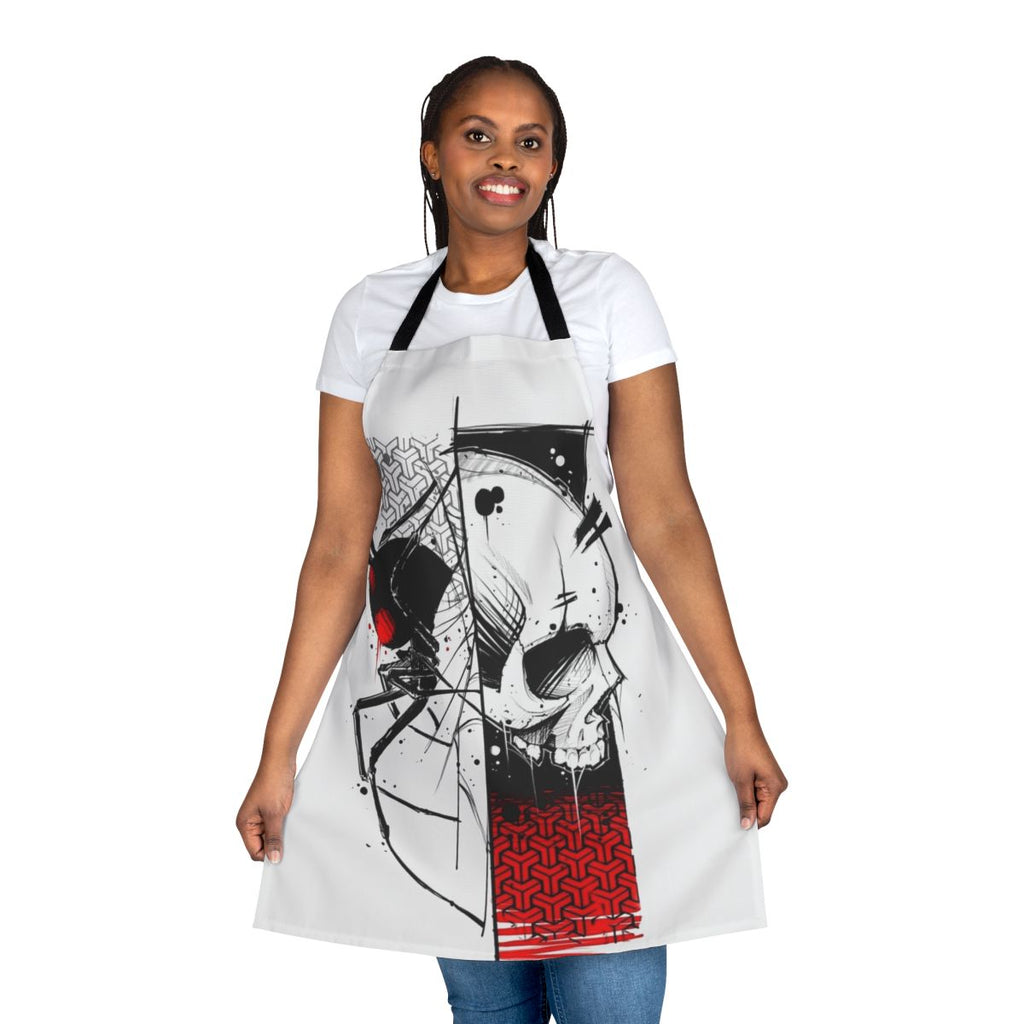 Cyberpunk-inspired apron featuring a skull and spider design in an urban, goth style