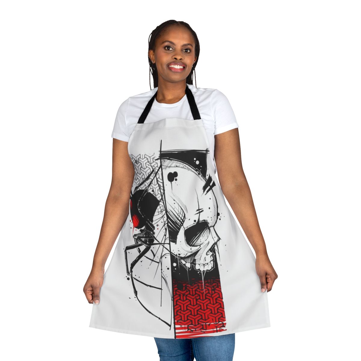 Cyberpunk-inspired apron featuring a skull and spider design in an urban, goth style