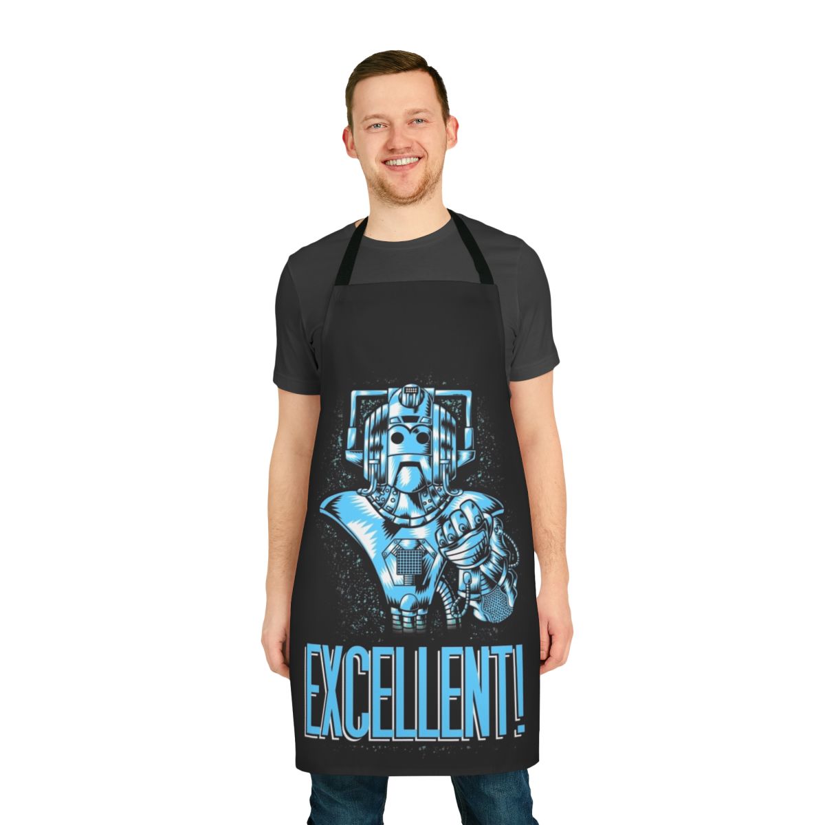 Cyberpunk-style apron with sci-fi and Doctor Who-inspired design