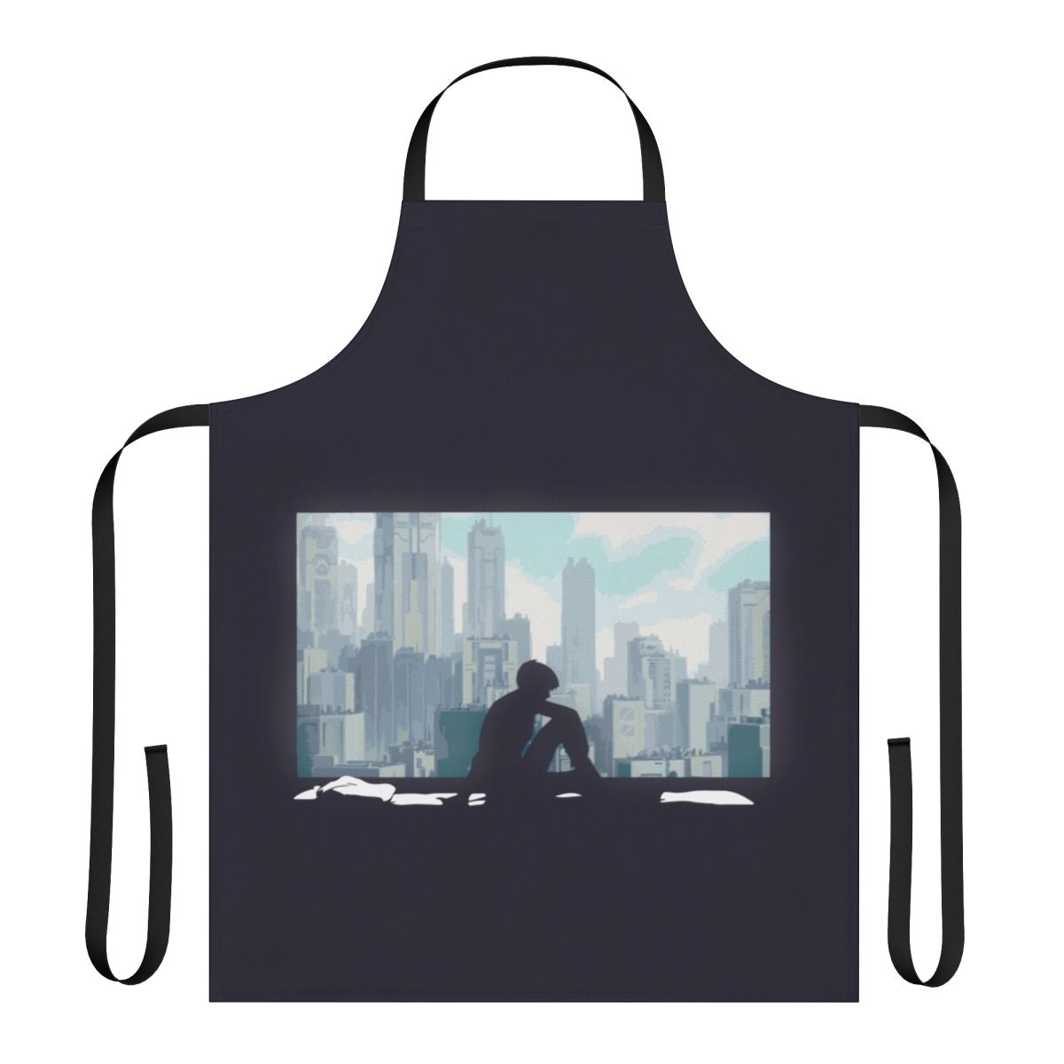 A stylish apron featuring cyberpunk-inspired artwork and characters from the popular Japanese anime 'Ghost in the Shell'