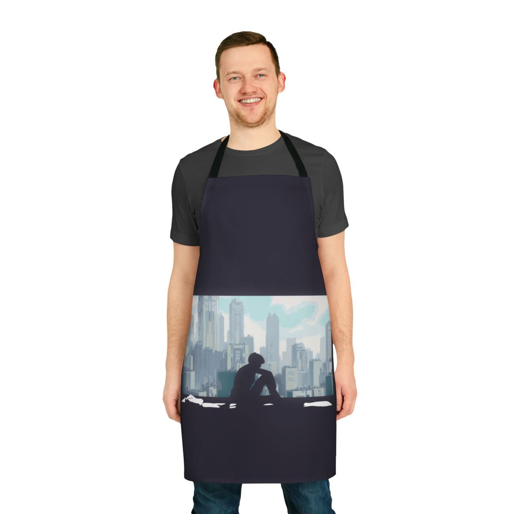 A stylish apron featuring cyberpunk-inspired artwork and characters from the popular Japanese anime 'Ghost in the Shell'