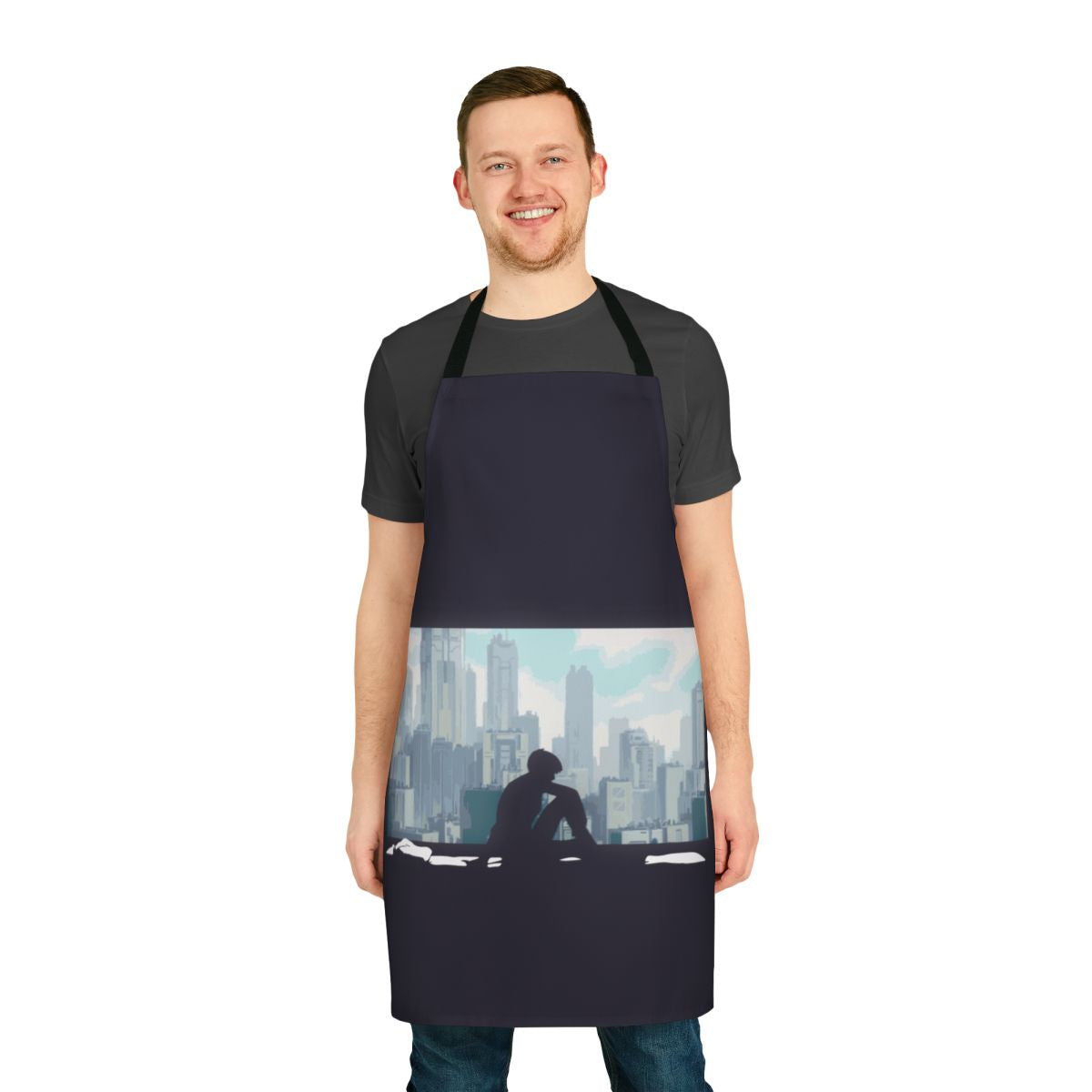 A stylish apron featuring cyberpunk-inspired artwork and characters from the popular Japanese anime 'Ghost in the Shell'