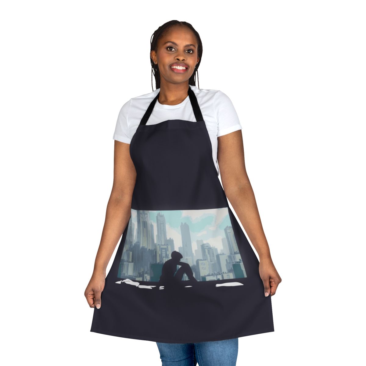 A stylish apron featuring cyberpunk-inspired artwork and characters from the popular Japanese anime 'Ghost in the Shell'