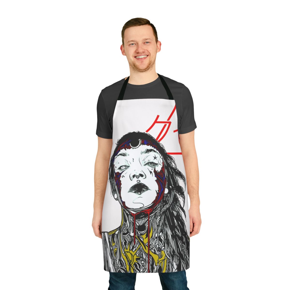 Cyberpunk style apron featuring a colorful, futuristic design of a cyborg girl