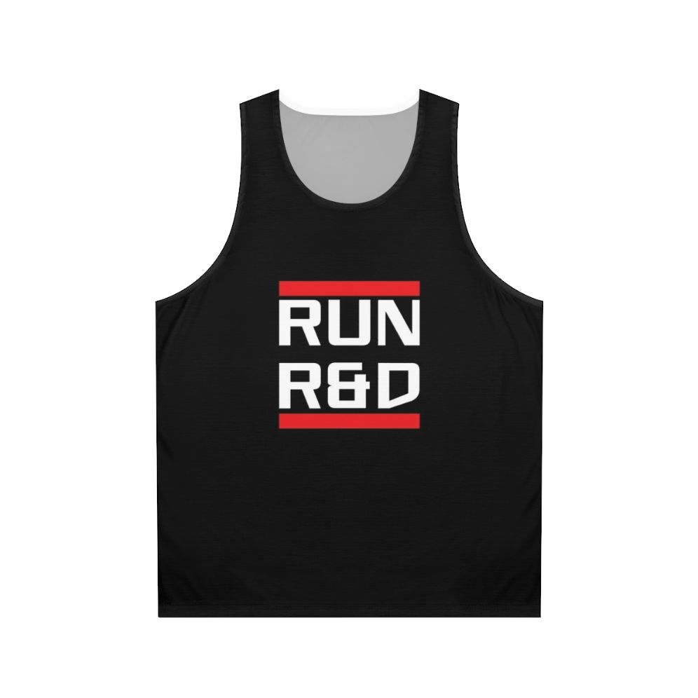 Cyberpunk unisex tank top with Run R D netrunner design