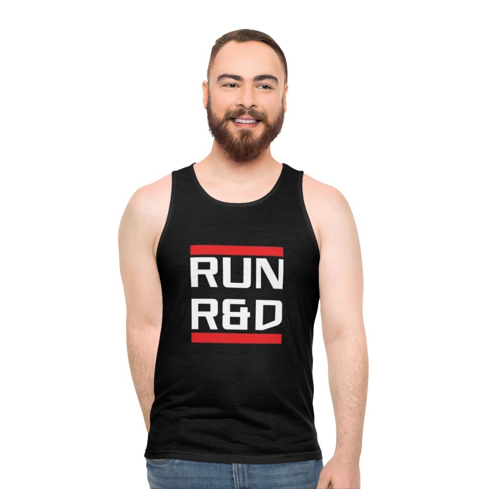 Cyberpunk unisex tank top with Run R D netrunner design