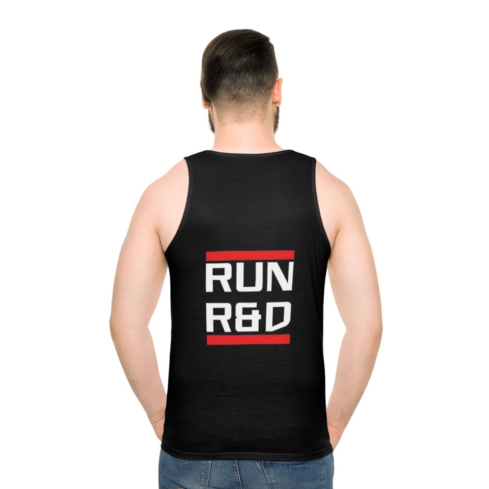 Cyberpunk unisex tank top with Run R D netrunner design