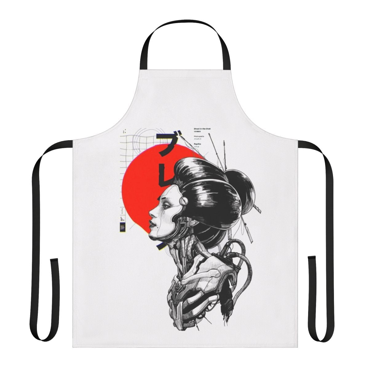 Cyberpunk and vaporwave-inspired apron with futuristic, Asian-influenced design