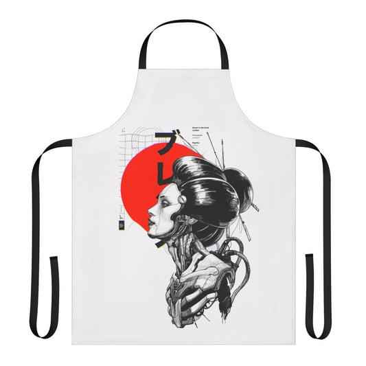 Cyberpunk and vaporwave-inspired apron with futuristic, Asian-influenced design