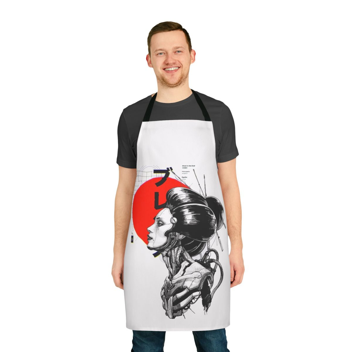 Cyberpunk and vaporwave-inspired apron with futuristic, Asian-influenced design