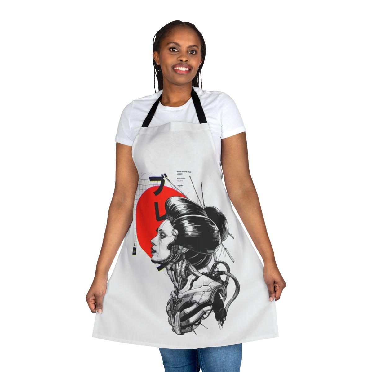 Cyberpunk and vaporwave-inspired apron with futuristic, Asian-influenced design