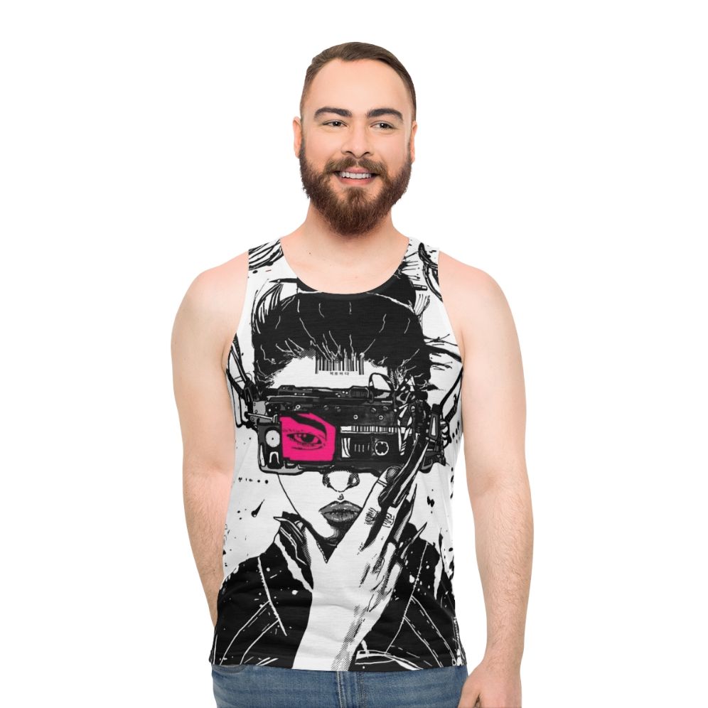Cyberpunk vaporwave unisex tank top with futuristic urban design