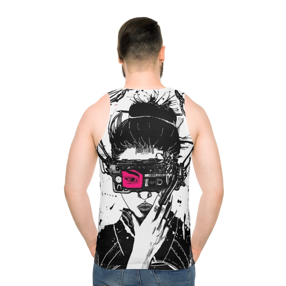 Cyberpunk vaporwave unisex tank top with futuristic urban design