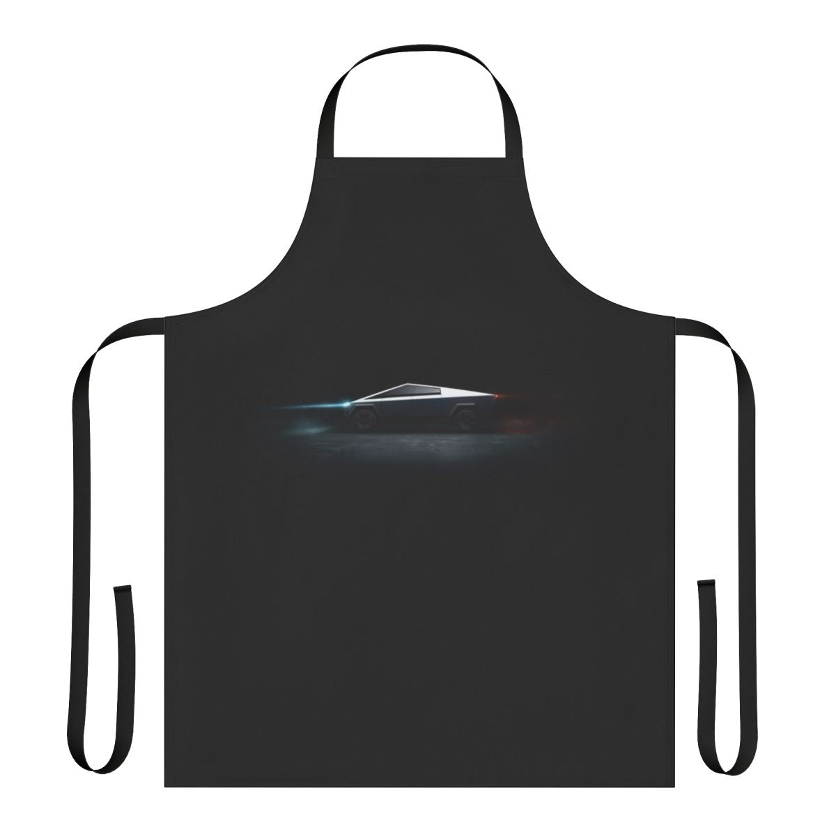 A sleek and modern apron featuring the striking design of the Tesla Cybertruck, perfect for passionate electric vehicle fans.