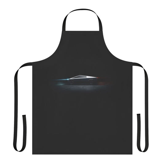 A sleek and modern apron featuring the striking design of the Tesla Cybertruck, perfect for passionate electric vehicle fans.