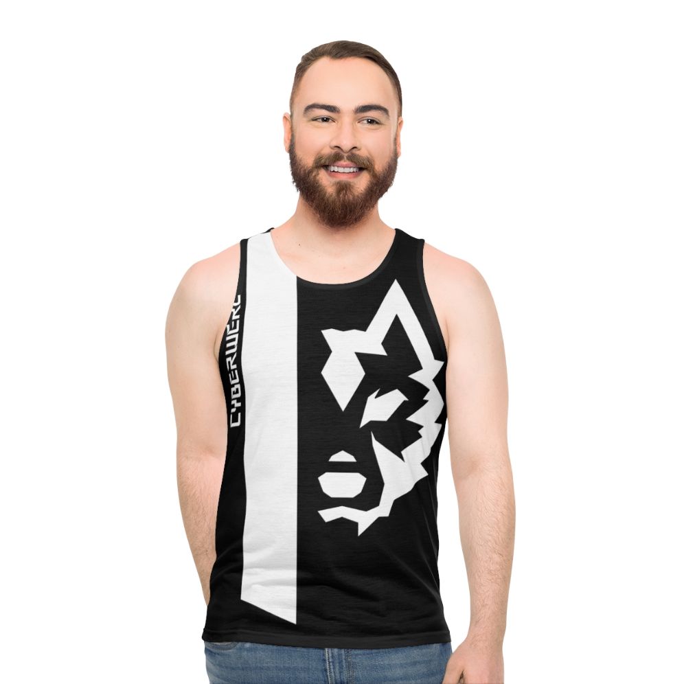 Cyberwear white unisex tank top with a big logo