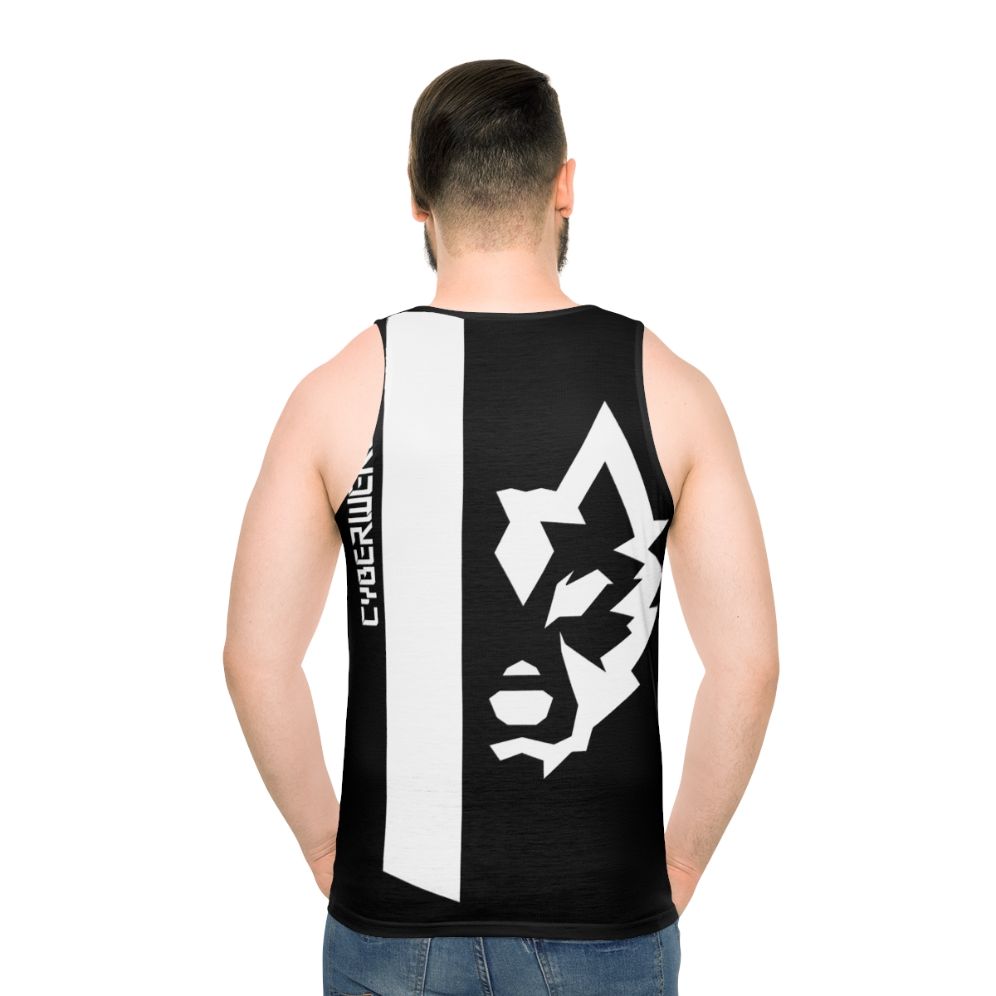 Cyberwear white unisex tank top with a big logo