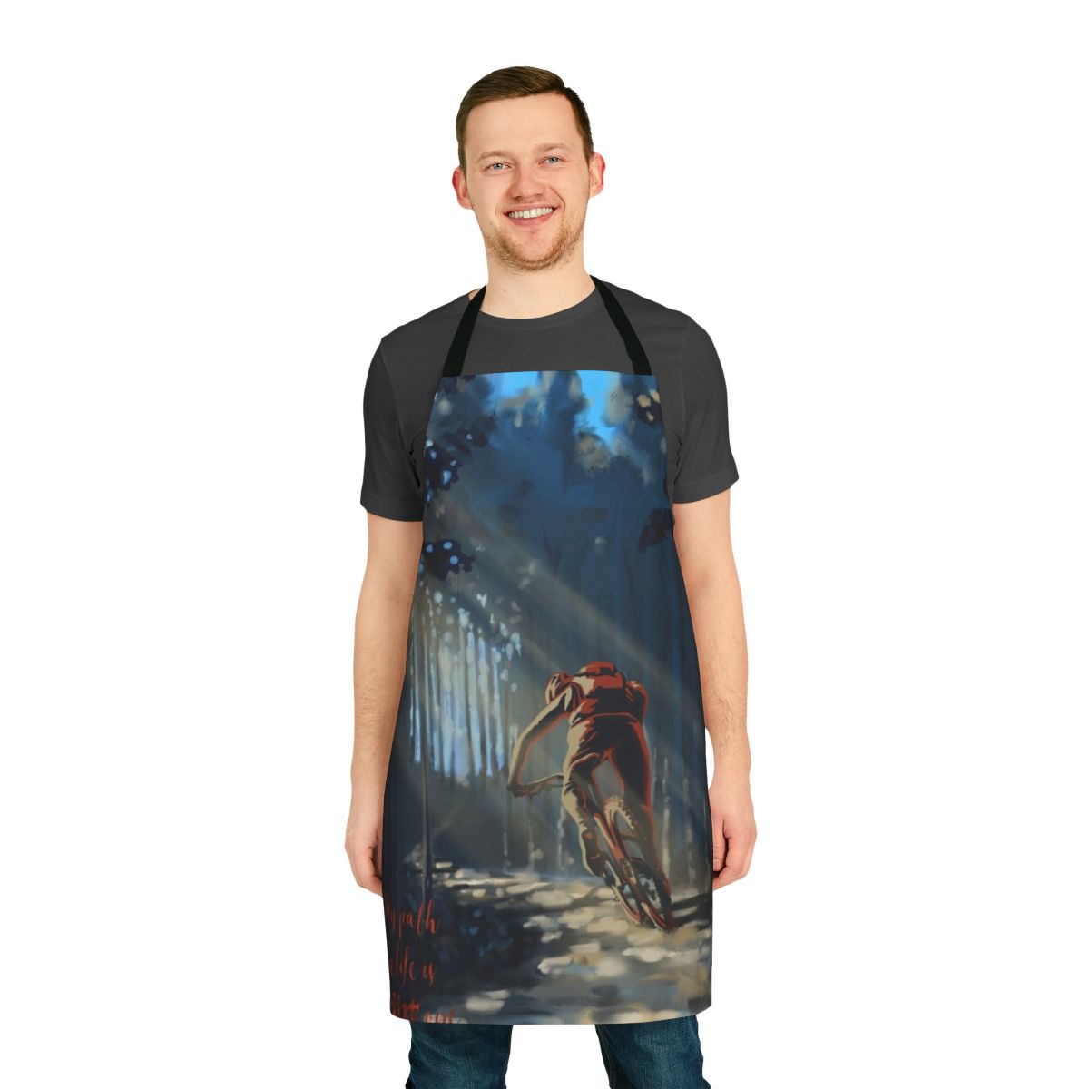 An apron featuring a mountain biking landscape, perfect for the outdoor enthusiast