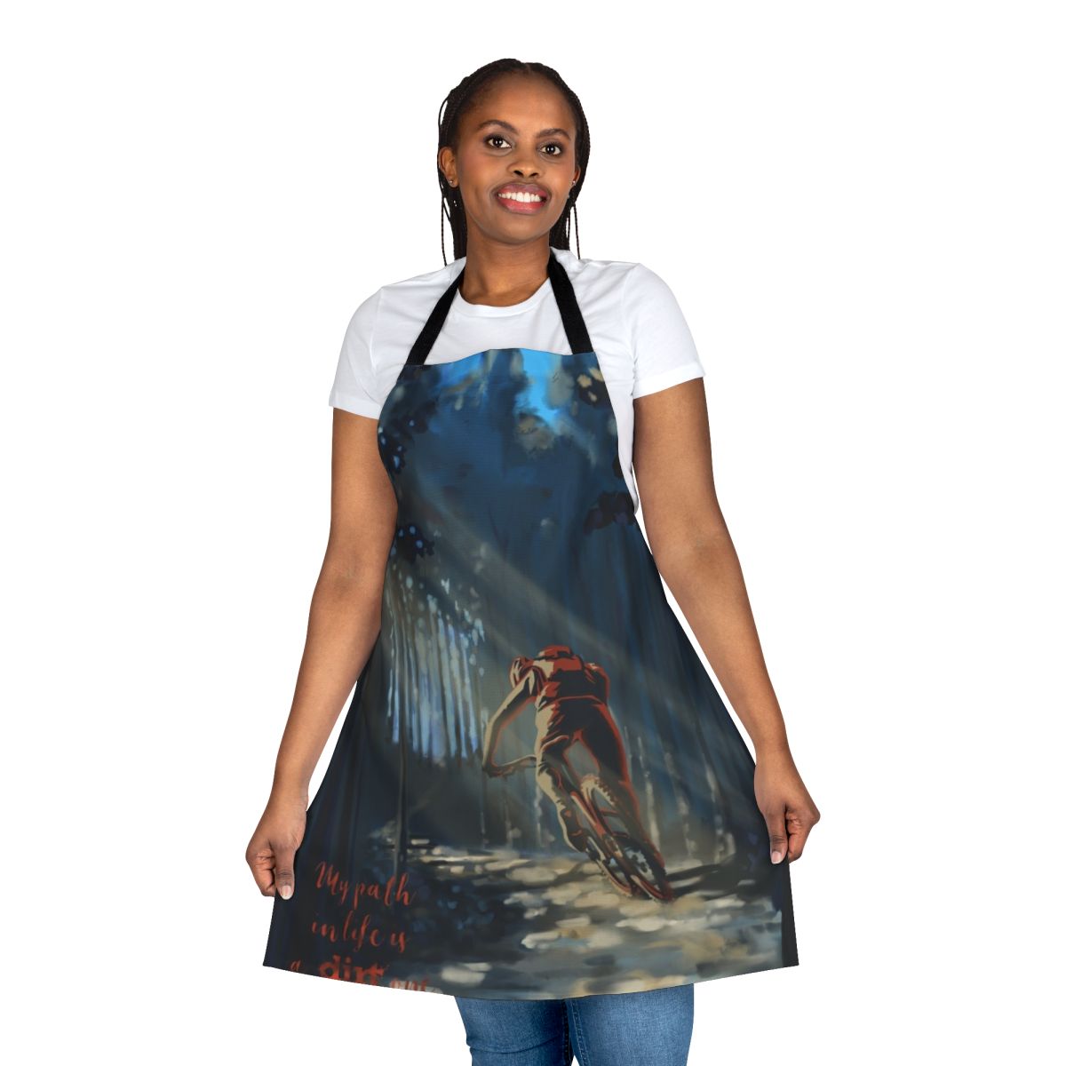 An apron featuring a mountain biking landscape, perfect for the outdoor enthusiast