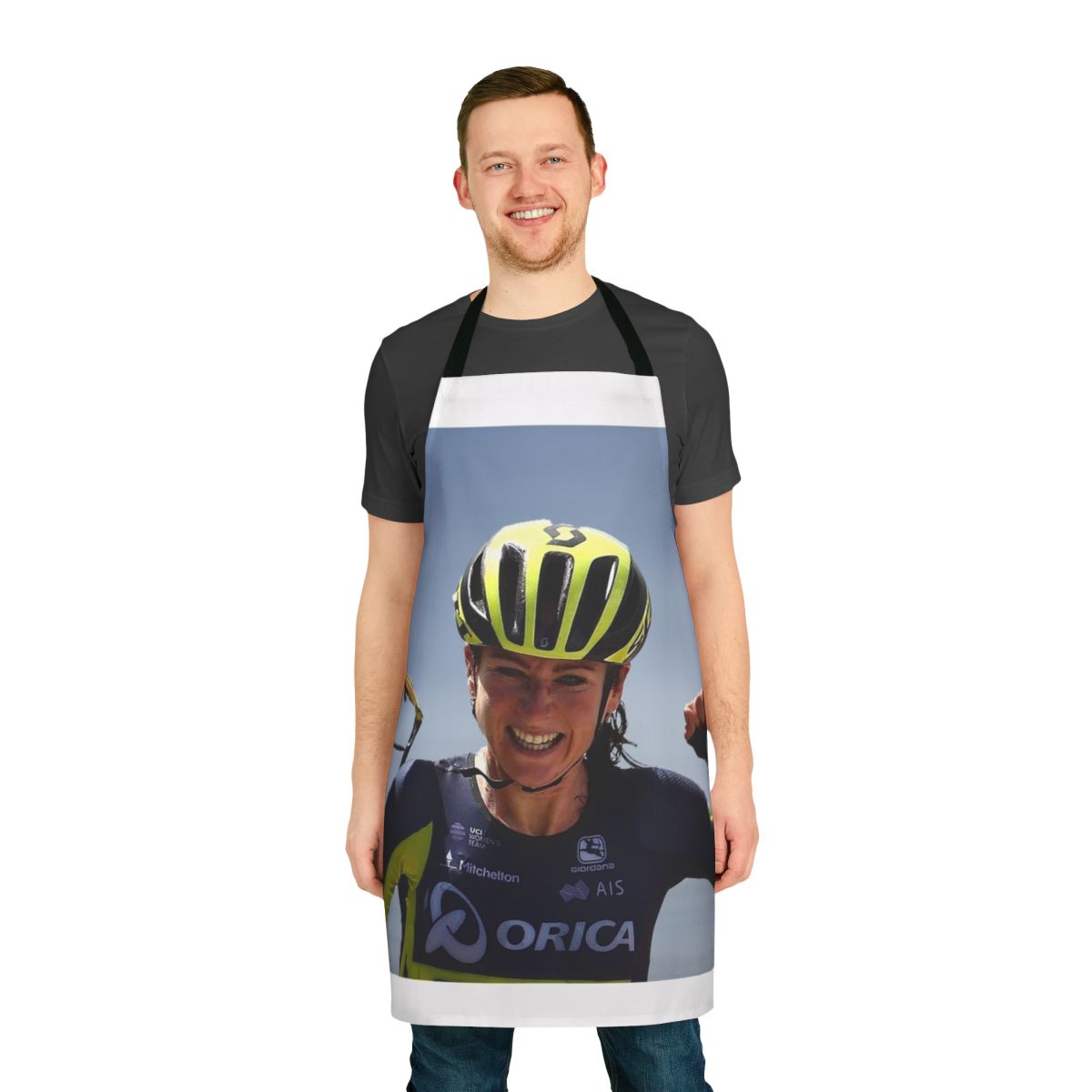 Cycling apron with an image of Annemiek Van Vleuten, a professional road racing cyclist