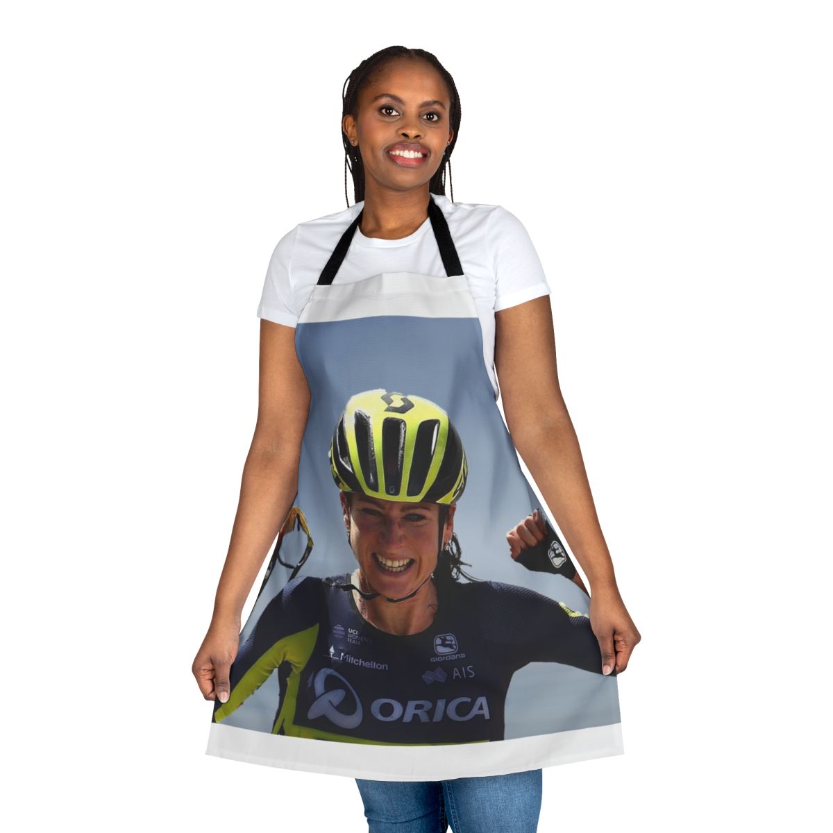 Cycling apron with an image of Annemiek Van Vleuten, a professional road racing cyclist