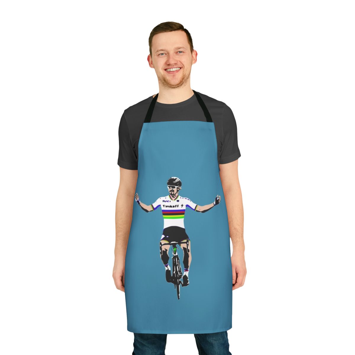 Cycling-themed kitchen apron featuring the likeness of professional cyclist Peter Sagan