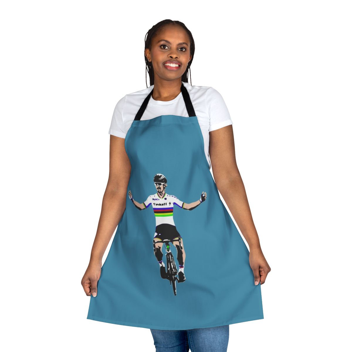 Cycling-themed kitchen apron featuring the likeness of professional cyclist Peter Sagan