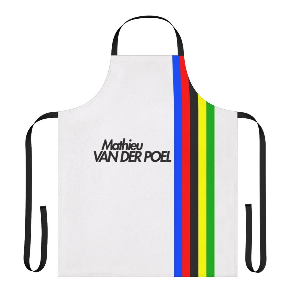 Apron with Mathieu Van Der Poel's name and cycling motifs