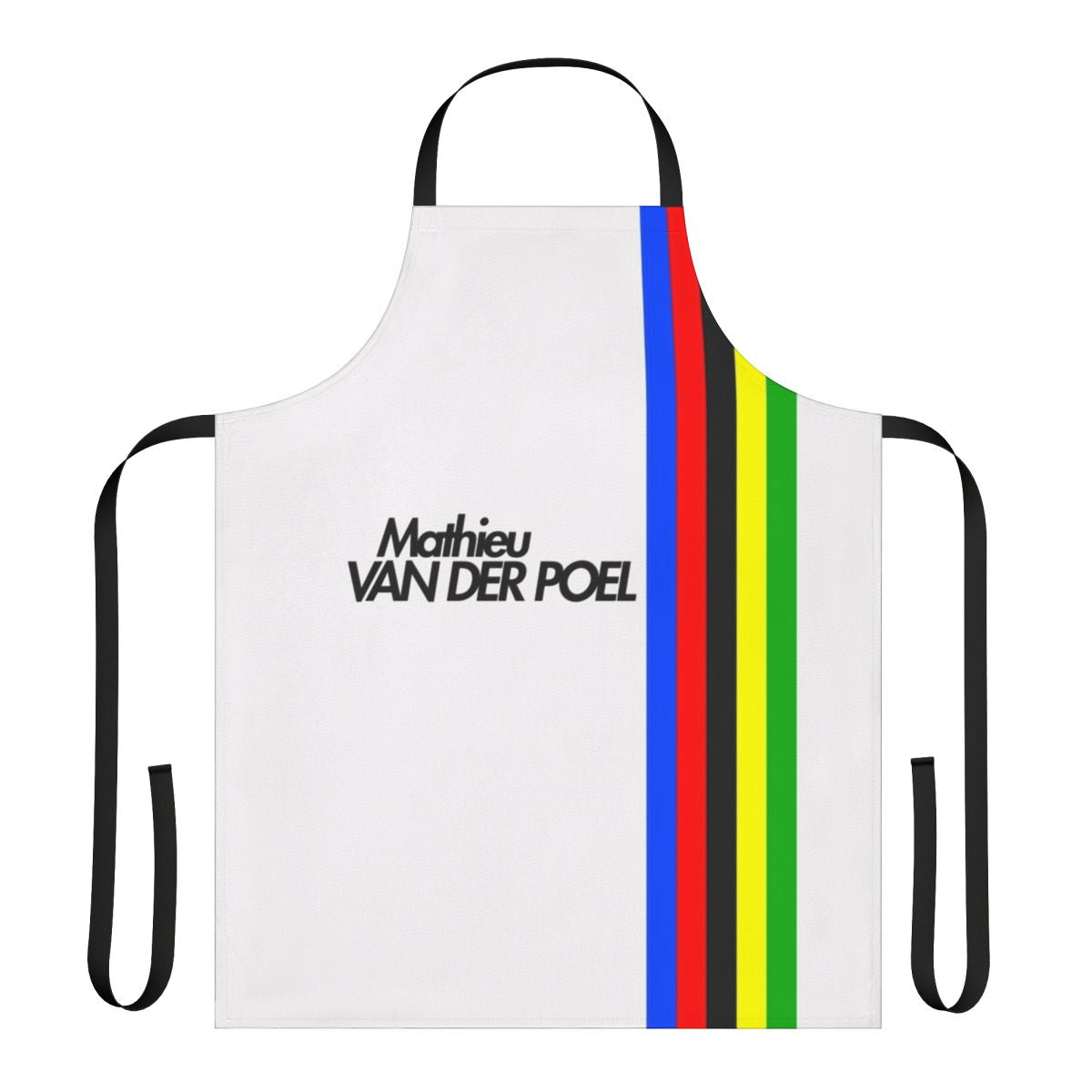 Apron with Mathieu Van Der Poel's name and cycling motifs