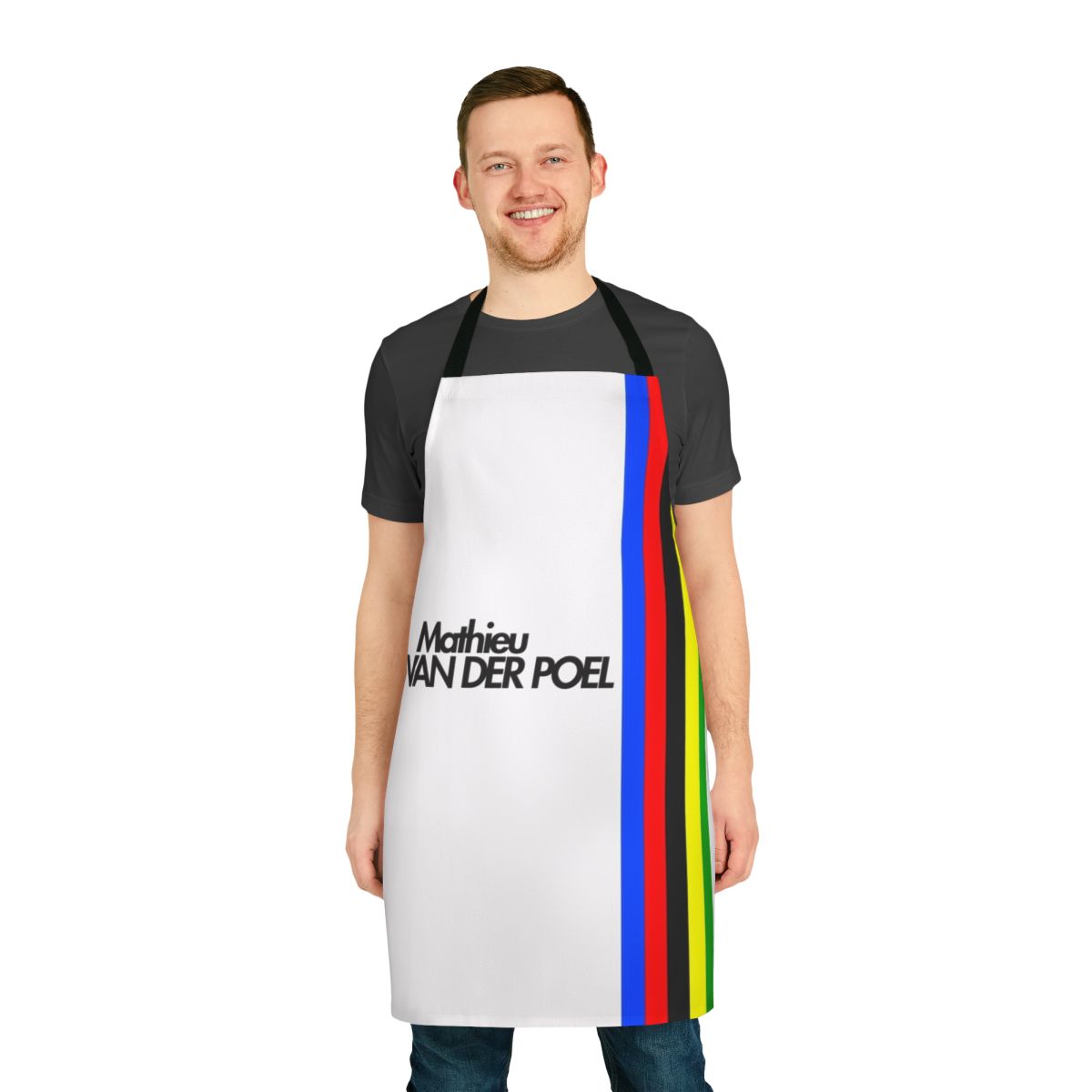 Apron with Mathieu Van Der Poel's name and cycling motifs