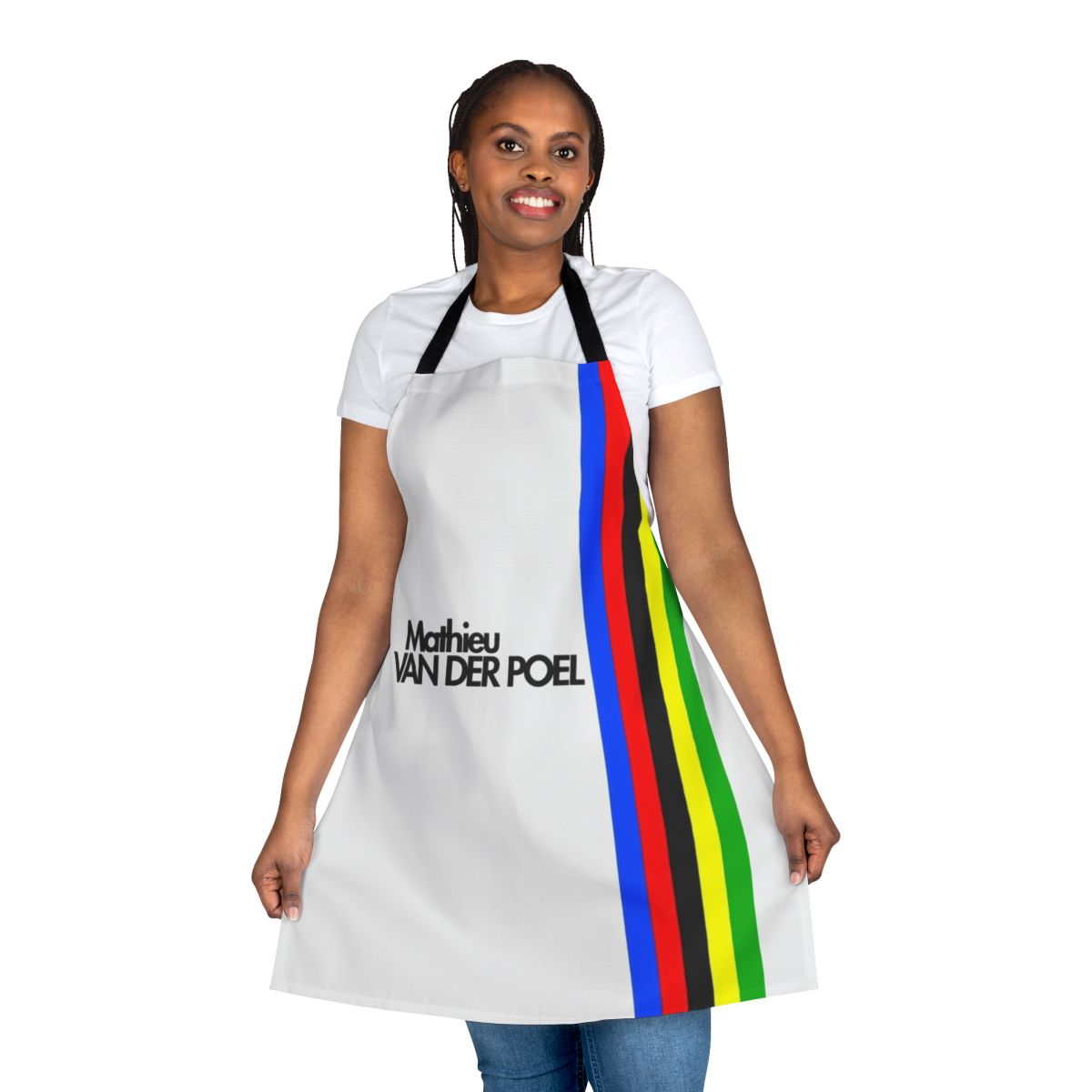 Apron with Mathieu Van Der Poel's name and cycling motifs