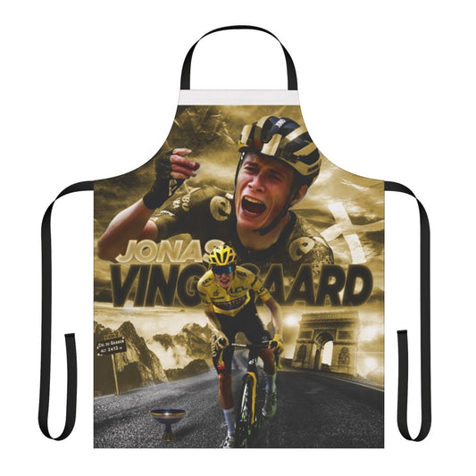 Stylish apron featuring the name and image of cyclist Jonas Vingegaard, winner of the 2022 Tour de France.