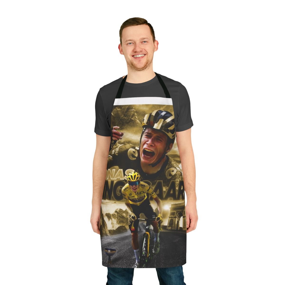 Stylish apron featuring the name and image of cyclist Jonas Vingegaard, winner of the 2022 Tour de France.