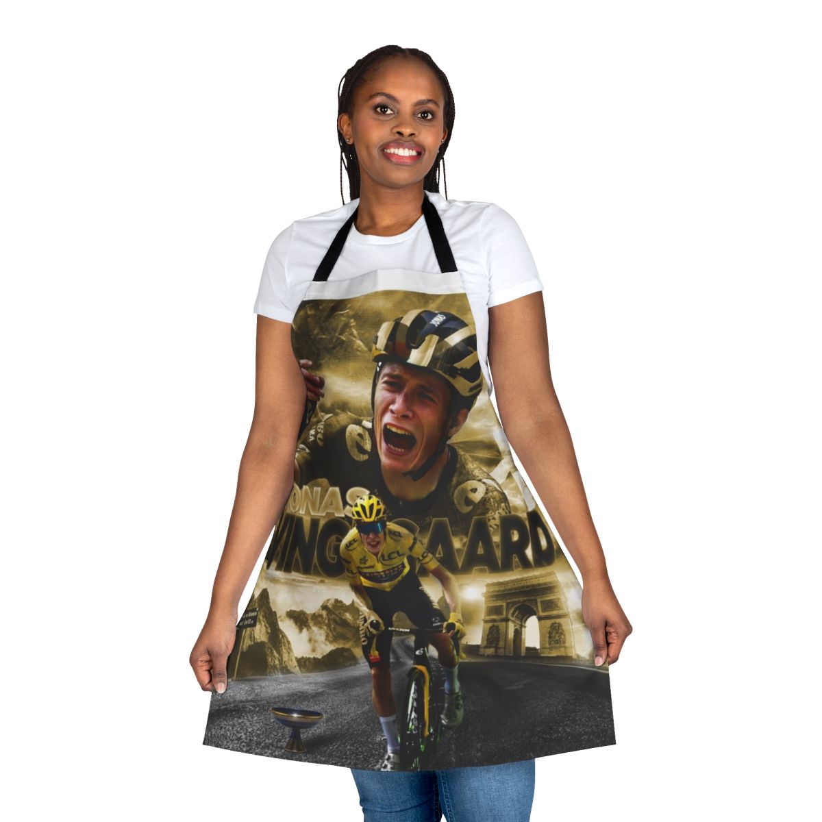 Stylish apron featuring the name and image of cyclist Jonas Vingegaard, winner of the 2022 Tour de France.
