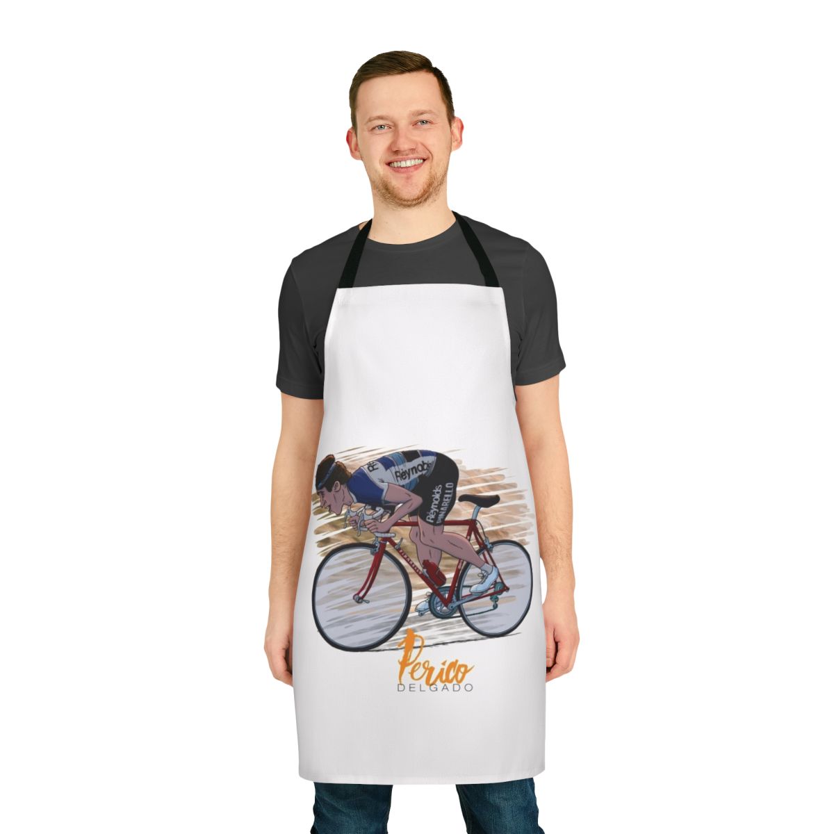 Cycling-themed apron with Perico Delgado Le Fou Des Pyrénées design