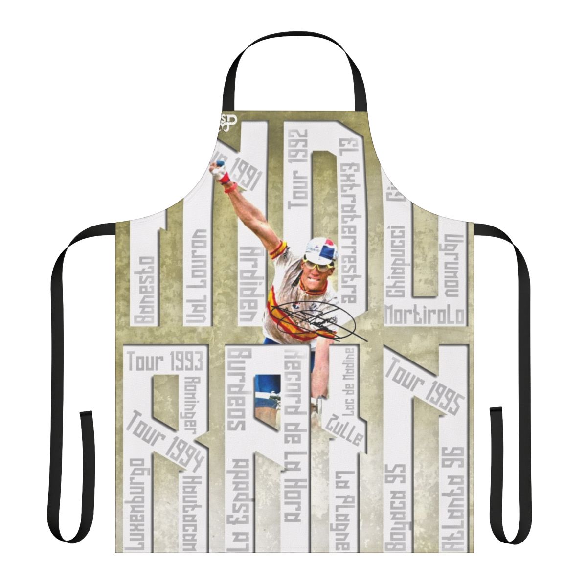 Cycling Enthusiast's Tribute Apron featuring a graphic design inspired by legendary cyclist Miguel Indurain