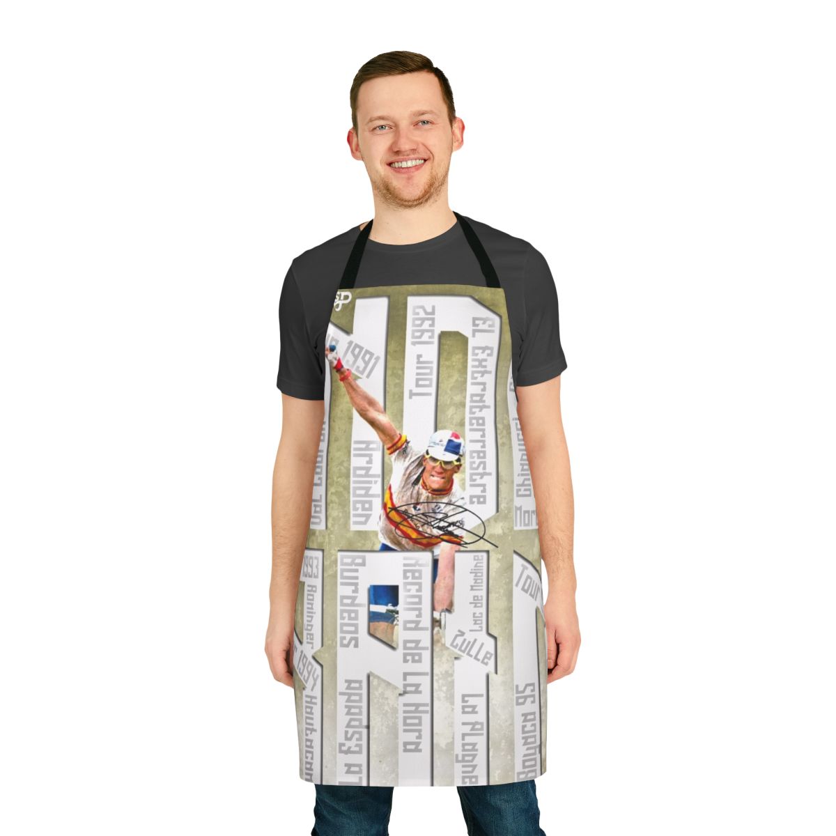 Cycling Enthusiast's Tribute Apron featuring a graphic design inspired by legendary cyclist Miguel Indurain