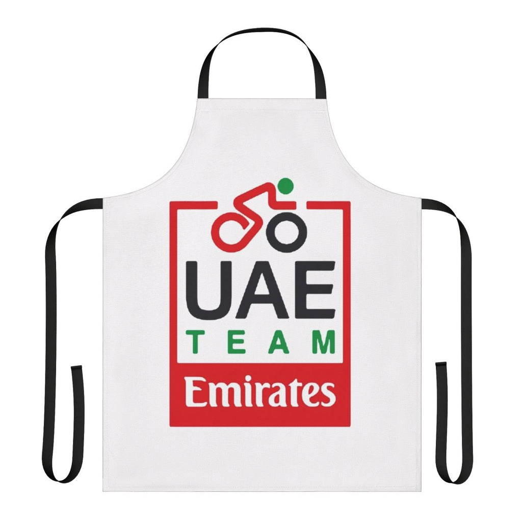 Cycling enthusiast wearing an apron featuring the UAE Team Emirates pro cycling team logo and colors