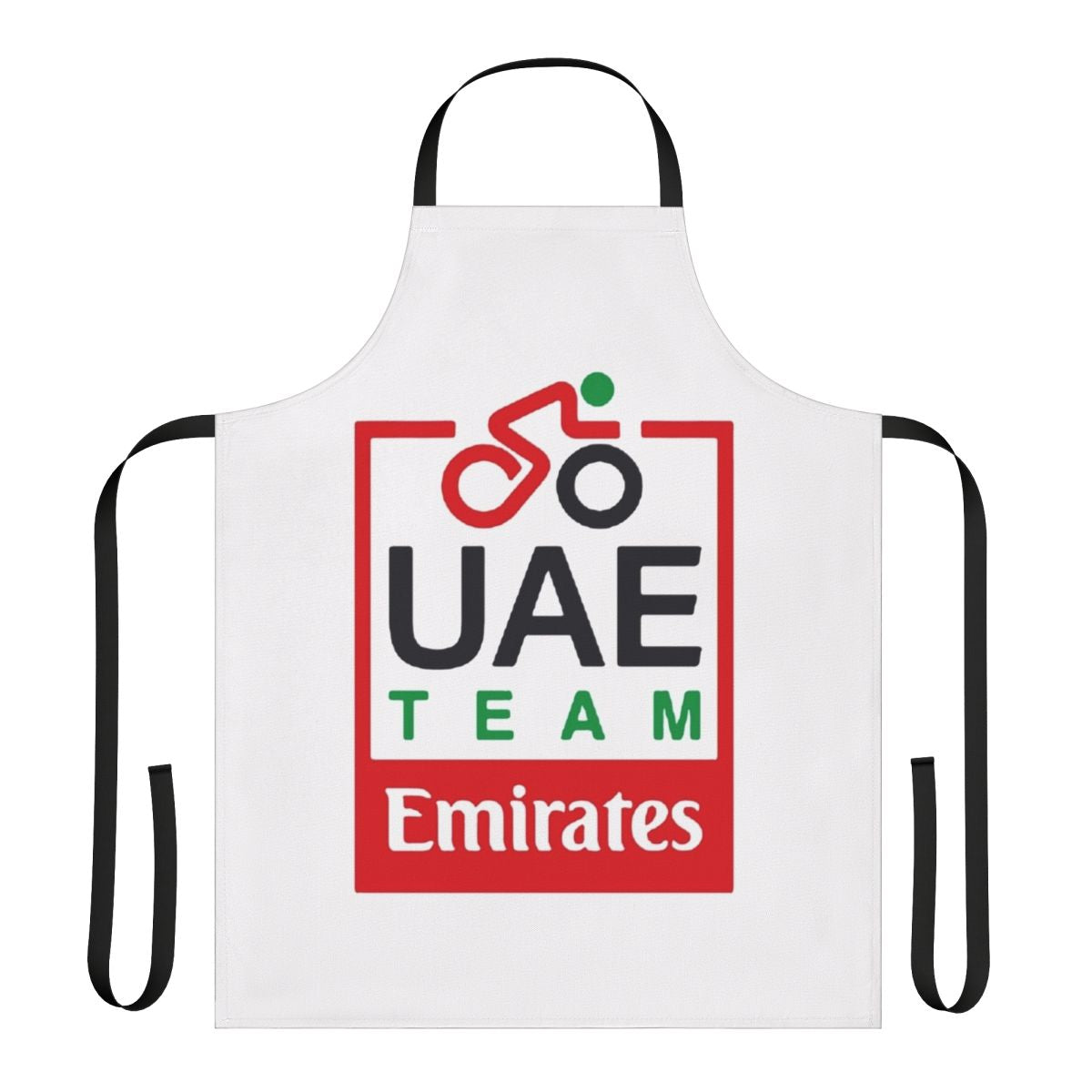Cycling enthusiast wearing an apron featuring the UAE Team Emirates pro cycling team logo and colors