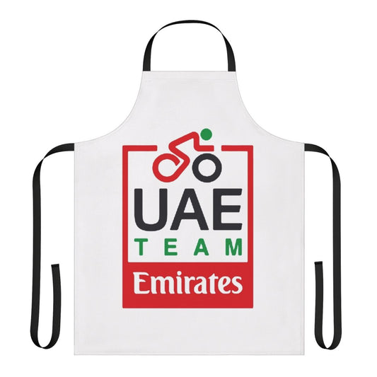 Cycling enthusiast wearing an apron featuring the UAE Team Emirates pro cycling team logo and colors