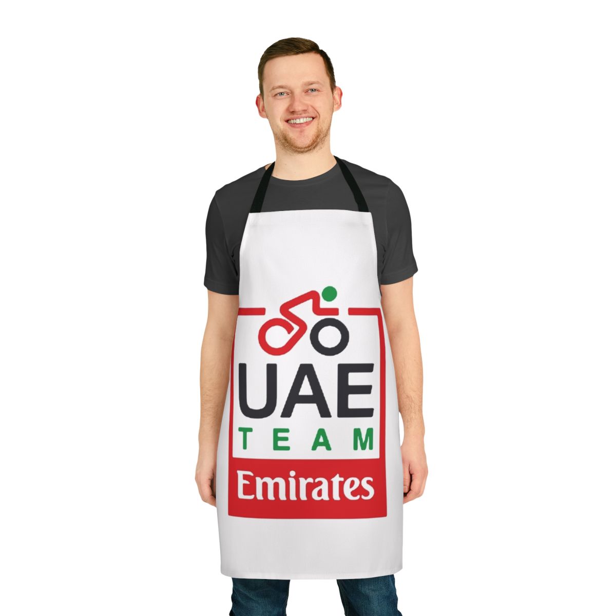 Cycling enthusiast wearing an apron featuring the UAE Team Emirates pro cycling team logo and colors