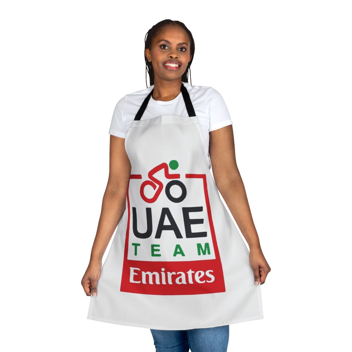 Cycling enthusiast wearing an apron featuring the UAE Team Emirates pro cycling team logo and colors