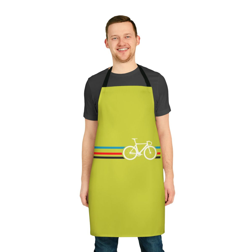 Cycling-themed apron with bold bike stripes design inspired by the velodrome