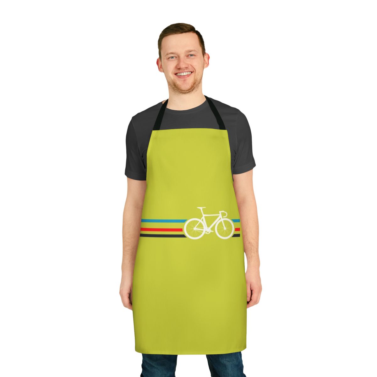 Cycling-themed apron with bold bike stripes design inspired by the velodrome