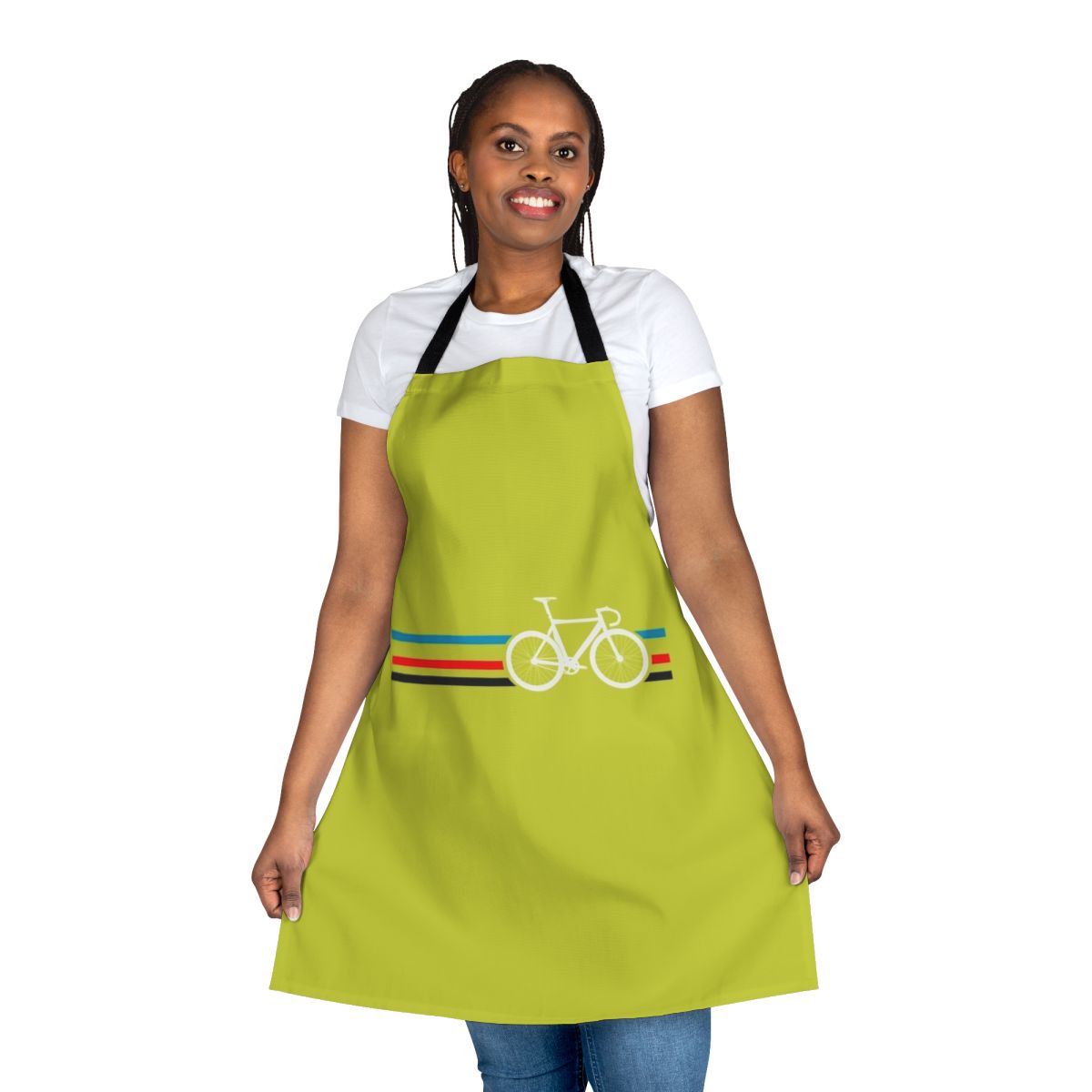 Cycling-themed apron with bold bike stripes design inspired by the velodrome