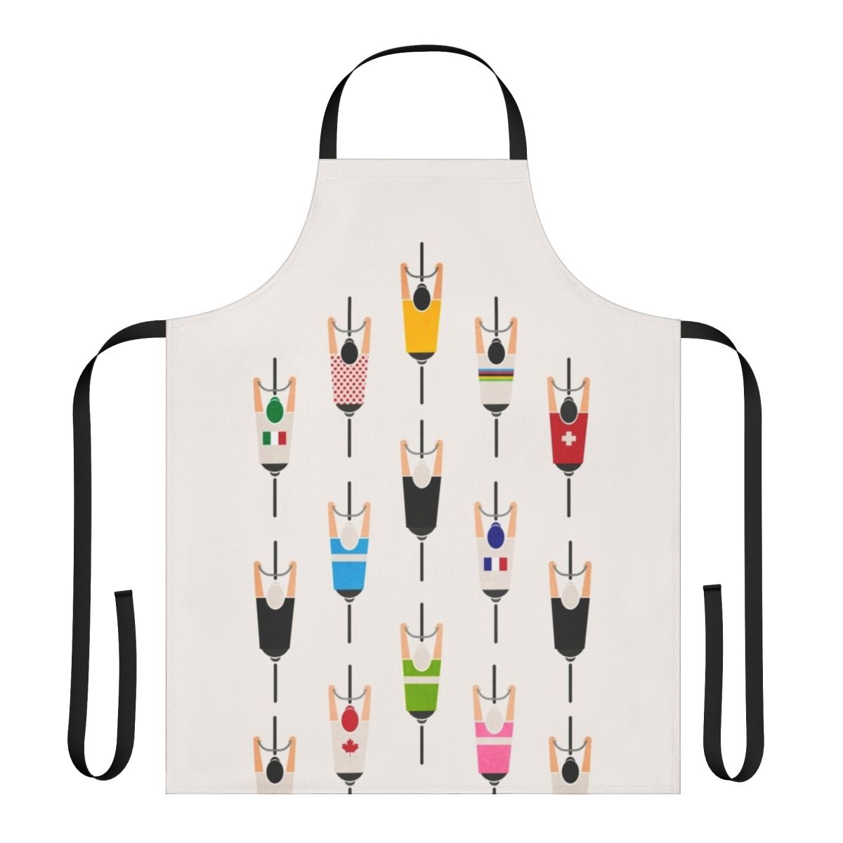 A stylish cycling squad apron featuring a graphic design of a bicycle silhouette and squad members.