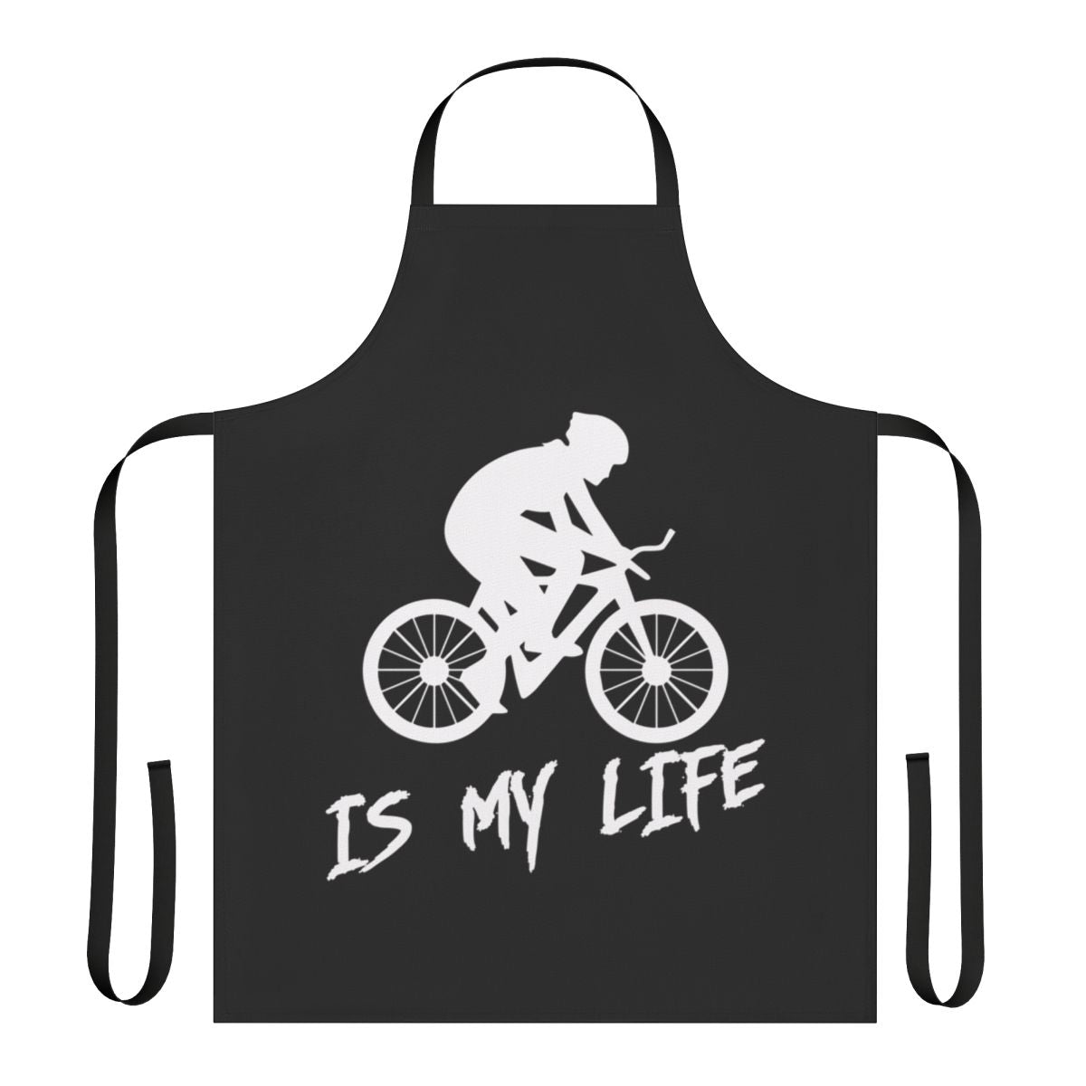 Person wearing a "Cycling Is My Life" themed apron while working in the kitchen